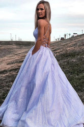 Shiny Purple Tulle A-line Backless Prom Dresses With Pocket, Evening Dresses
